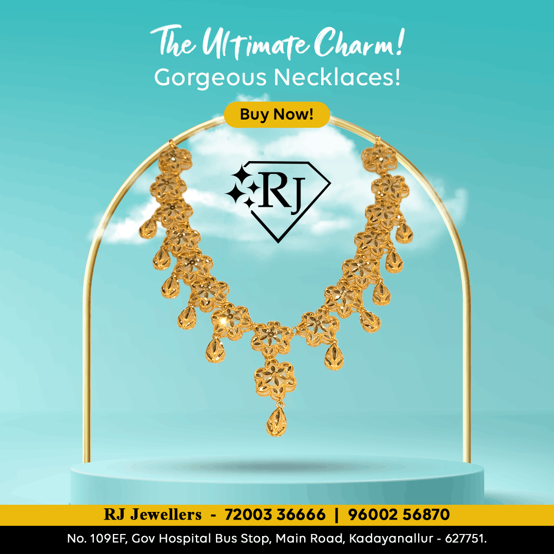 RJ Jewellers in Kadayanallur is a trusted jewellery store known for its exquisite gold and silver jewellery,